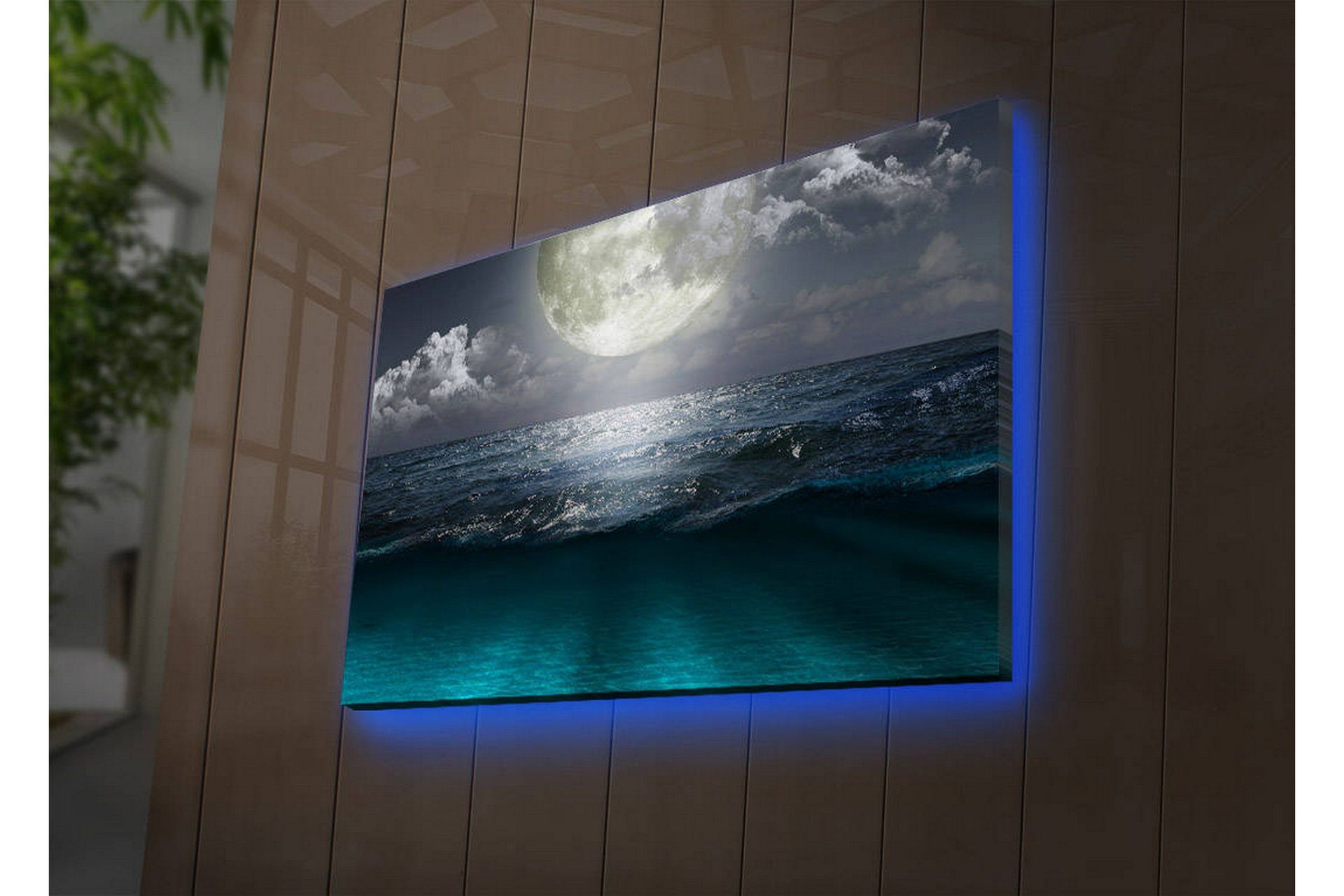 Canvastavla med LED-belysning 45x70 cm - Storslagen måne över ett stormigt hav - Mörkblå / Turkos / Grå