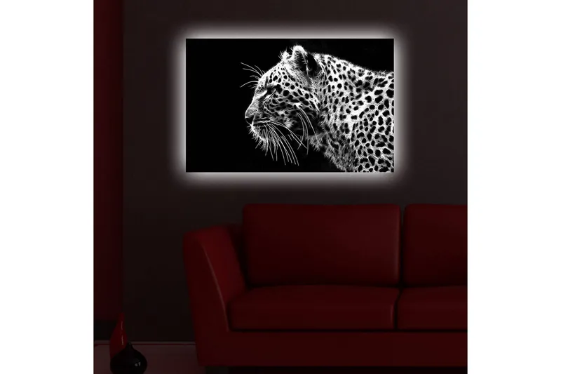Canvastavla med LED-belysning 45x70 cm - Svartvit leopardprofil med detaljerad pälsstruktur - Svart / Vit - Inredning - Tavlor & posters - Canvastavla