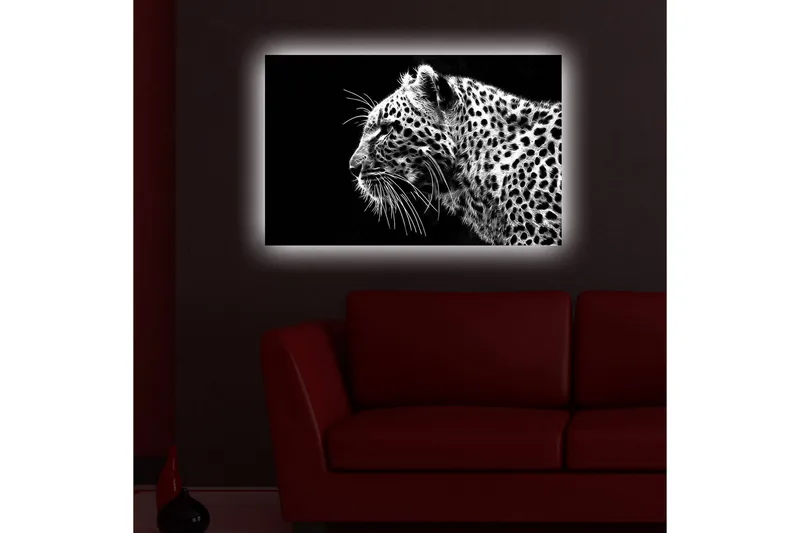 Canvastavla med LED-belysning 45x70 cm - Svartvit leopardprofil med detaljerad pälsstruktur - Svart / Vit - Inredning - Tavlor & posters - Canvastavla