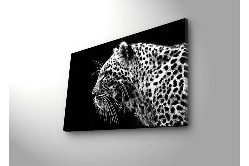 Canvastavla med LED-belysning 45x70 cm - Svartvit leopardprofil med detaljerad pälsstruktur - Svart / Vit - Inredning - Tavlor & posters - Canvastavla
