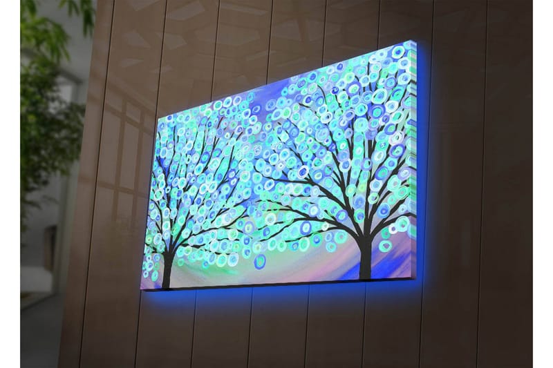 Canvastavla med LED-belysning 45x70 cm - Två stiliserade träd med färgglada cirklar som blommar i en drömlik bakgrund - Blå / Grön / Svart - Inredning - Tavlor & posters - Canvastavla