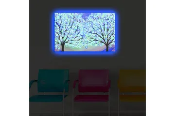 Canvastavla med LED-belysning 45x70 cm - Två stiliserade träd med färgglada cirklar som blommar i en drömlik bakgrund - Blå / Grön / Svart - Inredning - Tavlor & posters - Canvastavla