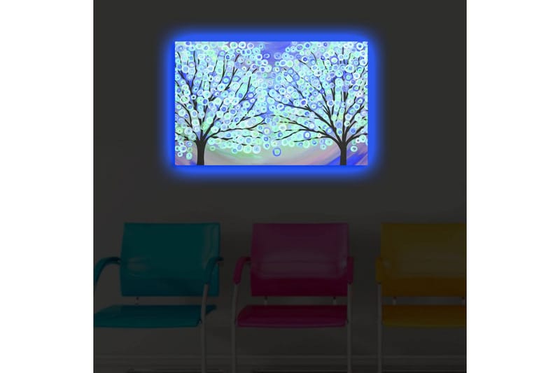 Canvastavla med LED-belysning 45x70 cm - Två stiliserade träd med färgglada cirklar som blommar i en drömlik bakgrund - Blå / Grön / Svart - Inredning - Tavlor & posters - Canvastavla