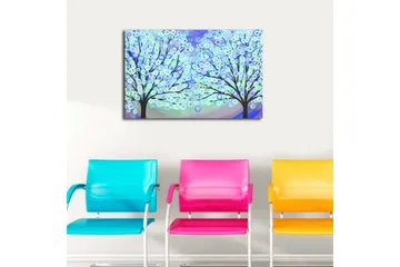 Canvastavla med LED-belysning 45x70 cm - Två stiliserade träd med färgglada cirklar som blommar i en drömlik bakgrund - Blå / Grön / Svart - Inredning - Tavlor & posters - Canvastavla