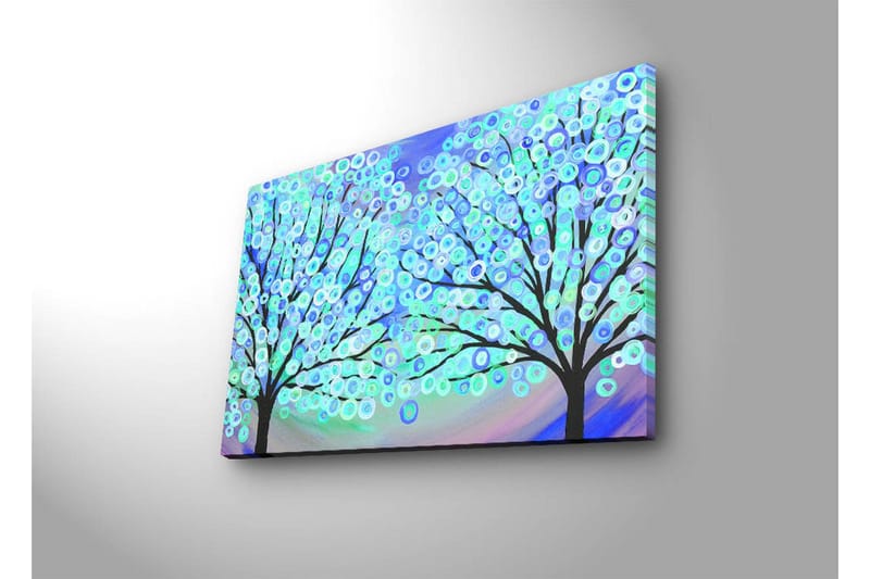 Canvastavla med LED-belysning 45x70 cm - Två stiliserade träd med färgglada cirklar som blommar i en drömlik bakgrund - Blå / Grön / Svart - Inredning - Tavlor & posters - Canvastavla