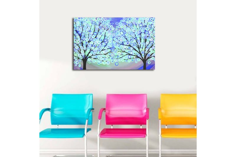 Canvastavla med LED-belysning 45x70 cm - Två stiliserade träd med färgglada cirklar som blommar i en drömlik bakgrund - Blå / Grön / Svart - Inredning - Tavlor & posters - Canvastavla
