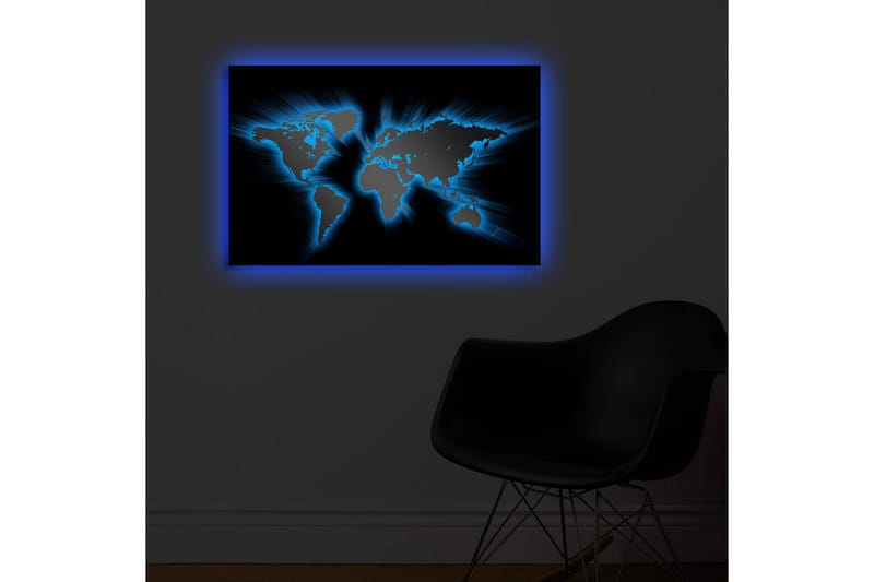 Canvastavla med LED-belysning 45x70 cm - Världskarta med ljusblå konturer mot en svart bakgrund - Svart / Ljusblå - Inredning - Tavlor & posters - Canvastavla