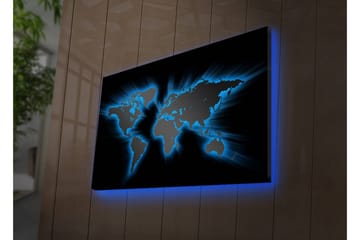 Canvastavla med LED-belysning 45x70 cm - Världskarta med ljusblå konturer mot en svart bakgrund - Svart / Ljusblå - Inredning - Tavlor & posters - Canvastavla