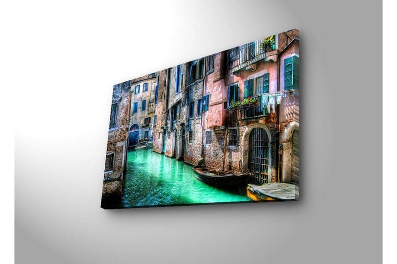 Canvastavla med LED-belysning 45x70 cm - Vacker kanal med historiska byggnader och båtar i en pittoresk miljö - Grön / Rosa / Blå - Inredning - Tavlor & posters - Canvastavla
