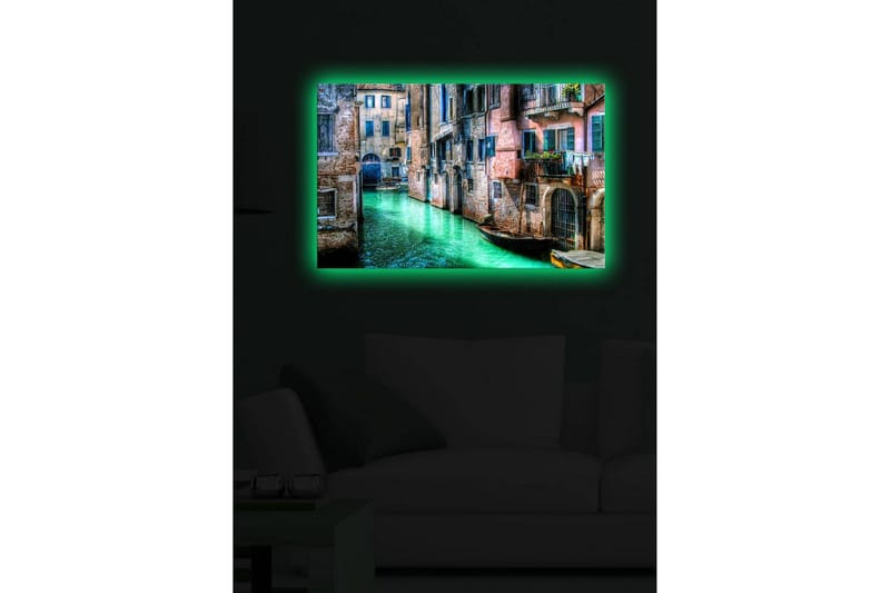 Canvastavla med LED-belysning 45x70 cm - Vacker kanal med historiska byggnader och båtar i en pittoresk miljö - Grön / Rosa / Blå - Inredning - Tavlor & posters - Canvastavla