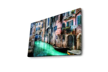 Canvastavla med LED-belysning 45x70 cm - Vacker kanal med historiska byggnader och båtar i en pittoresk miljö - Grön / Rosa / Blå - Inredning - Tavlor & posters - Canvastavla