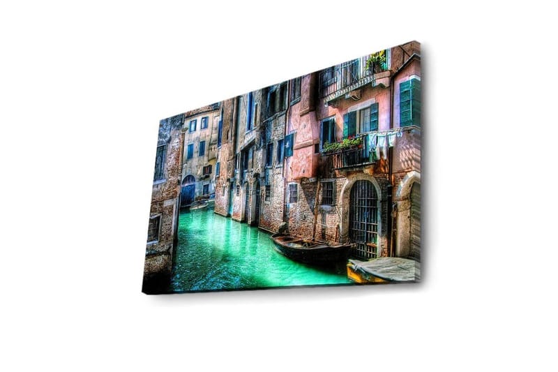 Canvastavla med LED-belysning 45x70 cm - Vacker kanal med historiska byggnader och båtar i en pittoresk miljö - Grön / Rosa / Blå - Inredning - Tavlor & posters - Canvastavla