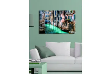 Canvastavla med LED-belysning 45x70 cm - Vacker kanal med historiska byggnader och båtar i en pittoresk miljö - Grön / Rosa / Blå - Inredning - Tavlor & posters - Canvastavla