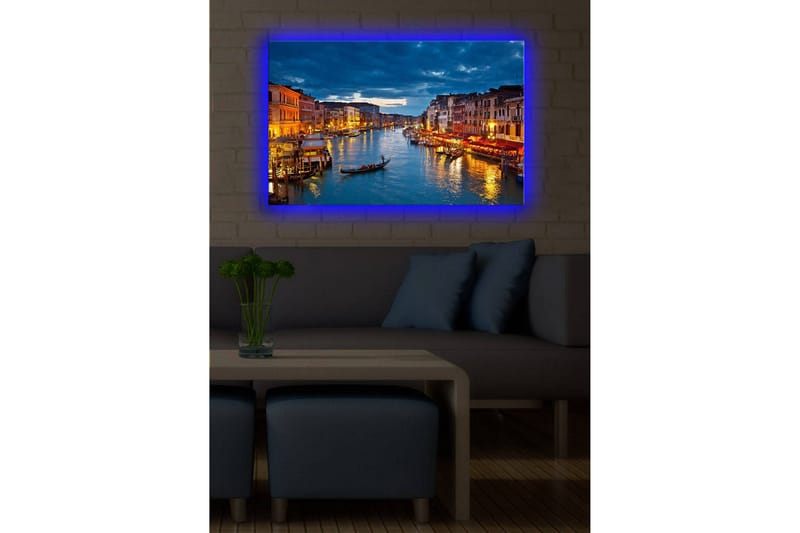 Canvastavla med LED-belysning 45x70 cm - Vacker vy över en kanal i Venedig med upplysta byggnader vid vattnet - Blå / Orange / Grön - Inredning - Tavlor & posters - Canvastavla