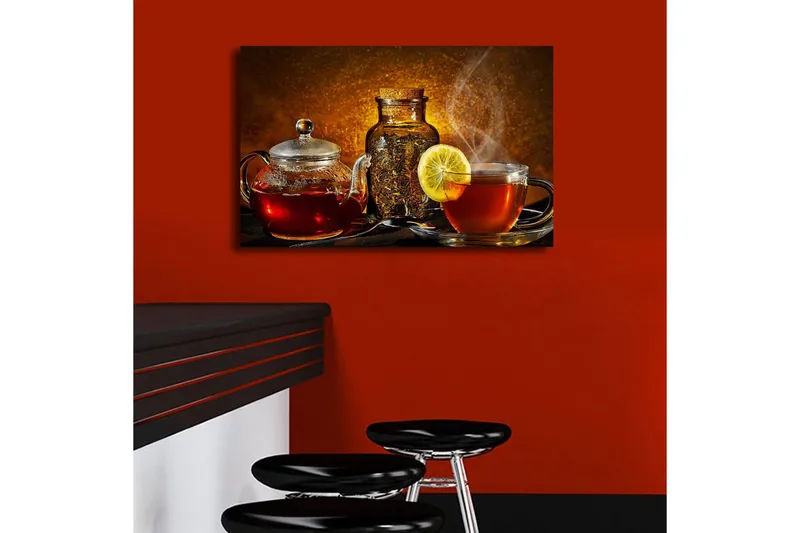 Canvastavla med LED-belysning 45x70 cm - Varm och inbjudande teuppsättning med citronskiva - Röd / Brun / Gul - Inredning - Tavlor & posters - Canvastavla