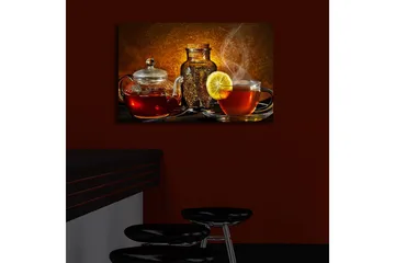 Canvastavla med LED-belysning 45x70 cm - Varm och inbjudande teuppsättning med citronskiva - Röd / Brun / Gul - Inredning - Tavlor & posters - Canvastavla