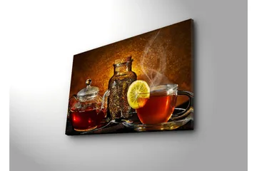 Canvastavla med LED-belysning 45x70 cm - Varm och inbjudande teuppsättning med citronskiva - Röd / Brun / Gul - Inredning - Tavlor & posters - Canvastavla