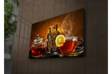 Canvastavla med LED-belysning 45x70 cm - Varm och inbjudande teuppsättning med citronskiva - Röd / Brun / Gul - Inredning - Tavlor & posters - Canvastavla