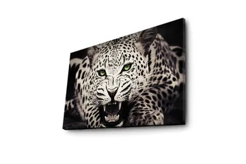 Canvastavla med LED-belysning 45x70 cm - Vild leopard med intensiv blick och öppet gap - Vit / Svart / Grön - Inredning - Tavlor & posters - Canvastavla