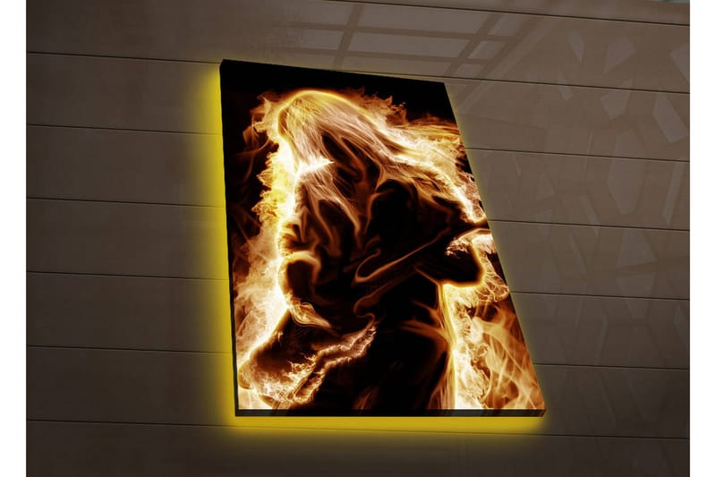 Canvastavla med LED-belysning 70x45 cm - Eldig silhuett av en gitarrist - Guld / Orange / Svart - Inredning - Tavlor & posters - Canvastavla