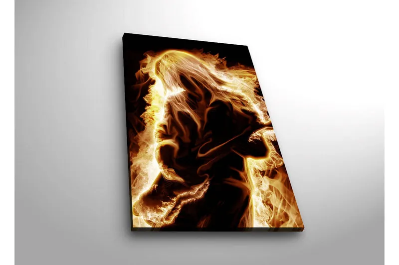 Canvastavla med LED-belysning 70x45 cm - Eldig silhuett av en gitarrist - Guld / Orange / Svart - Inredning - Tavlor & posters - Canvastavla