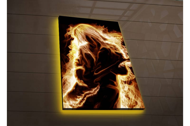 Canvastavla med LED-belysning 70x45 cm - Eldig silhuett av en gitarrist - Guld / Orange / Svart - Inredning - Tavlor & posters - Canvastavla