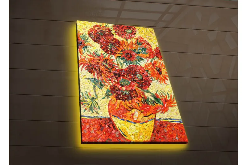 Canvastavla med LED-belysning 70x45 cm - Färgrik bukett av solrosor i en vas - Röd / Gul / Grön - Inredning - Tavlor & posters - Canvastavla