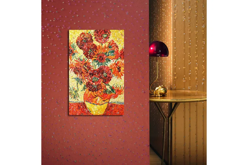 Canvastavla med LED-belysning 70x45 cm - Färgrik bukett av solrosor i en vas - Röd / Gul / Grön - Inredning - Tavlor & posters - Canvastavla