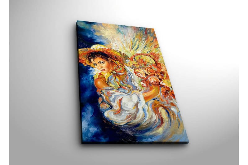 Canvastavla med LED-belysning 70x45 cm - Kvinna med blommor och solhatt i en färgrik komposition - Blå / Orange / Vit - Inredning - Tavlor & posters - Canvastavla