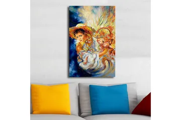 Canvastavla med LED-belysning 70x45 cm - Kvinna med blommor och solhatt i en färgrik komposition - Blå / Orange / Vit - Inredning - Tavlor & posters - Canvastavla