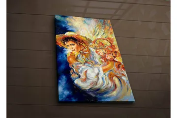 Canvastavla med LED-belysning 70x45 cm - Kvinna med blommor och solhatt i en färgrik komposition - Blå / Orange / Vit - Inredning - Tavlor & posters - Canvastavla