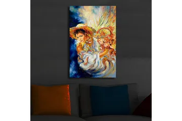 Canvastavla med LED-belysning 70x45 cm - Kvinna med blommor och solhatt i en färgrik komposition - Blå / Orange / Vit - Inredning - Tavlor & posters - Canvastavla