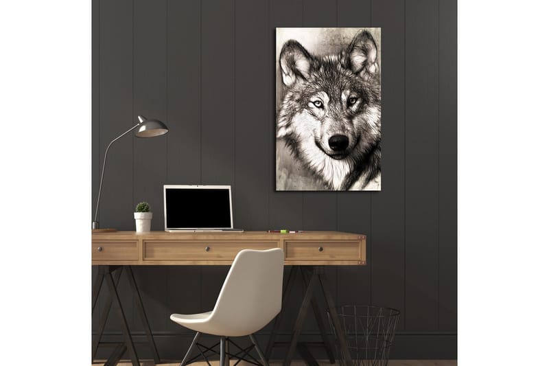 Canvastavla med LED-belysning 70x45 cm - Porträtt av en varg med uttrycksfulla detaljer - Svart / Grå / Vit - Inredning - Tavlor & posters - Canvastavla