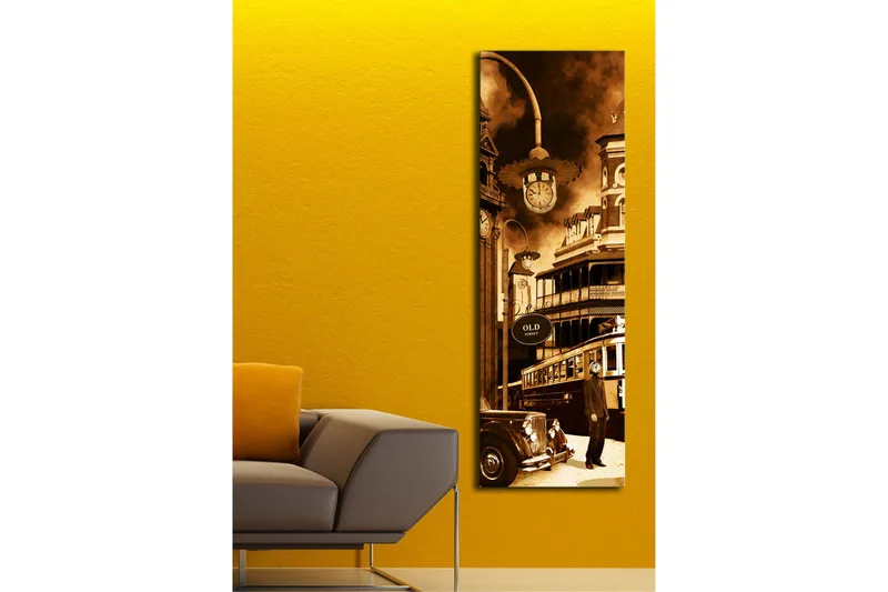 Canvastavla med LED-belysning 90x30 cm - Historisk stadsbild med en gammal bil och en spårvagn - Brun / Beige / Svart - Inredning - Tavlor & posters - Canvastavla