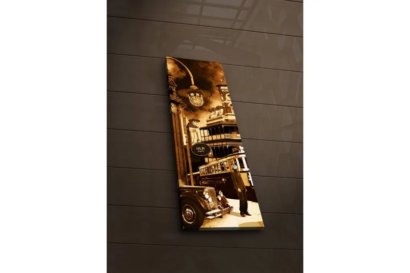 Canvastavla med LED-belysning 90x30 cm - Historisk stadsbild med en gammal bil och en spårvagn - Brun / Beige / Svart - Inredning - Tavlor & posters - Canvastavla