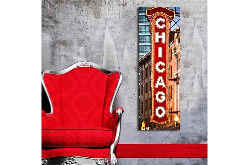 Canvastavla med LED-belysning 90x30 cm - Neonljusskylt med texten Chicago - Röd / Vit / Brun - Inredning - Tavlor & posters - Canvastavla