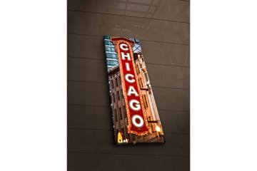 Canvastavla med LED-belysning 90x30 cm - Neonljusskylt med texten Chicago - Röd / Vit / Brun - Inredning - Tavlor & posters - Canvastavla