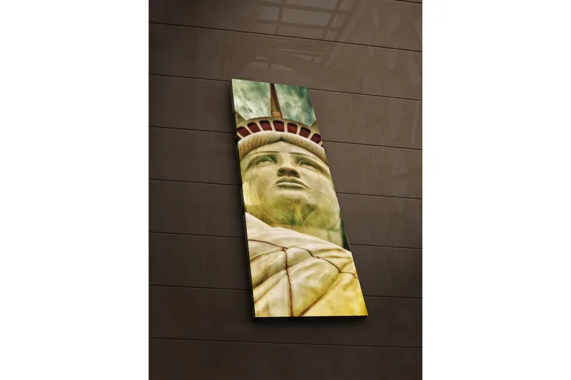 Canvastavla med LED-belysning 90x30 cm - Staty av frihetsgudinnan med fokus på ansiktet och kronan - Grön / Gul / Röd - Inredning - Tavlor & posters - Canvastavla