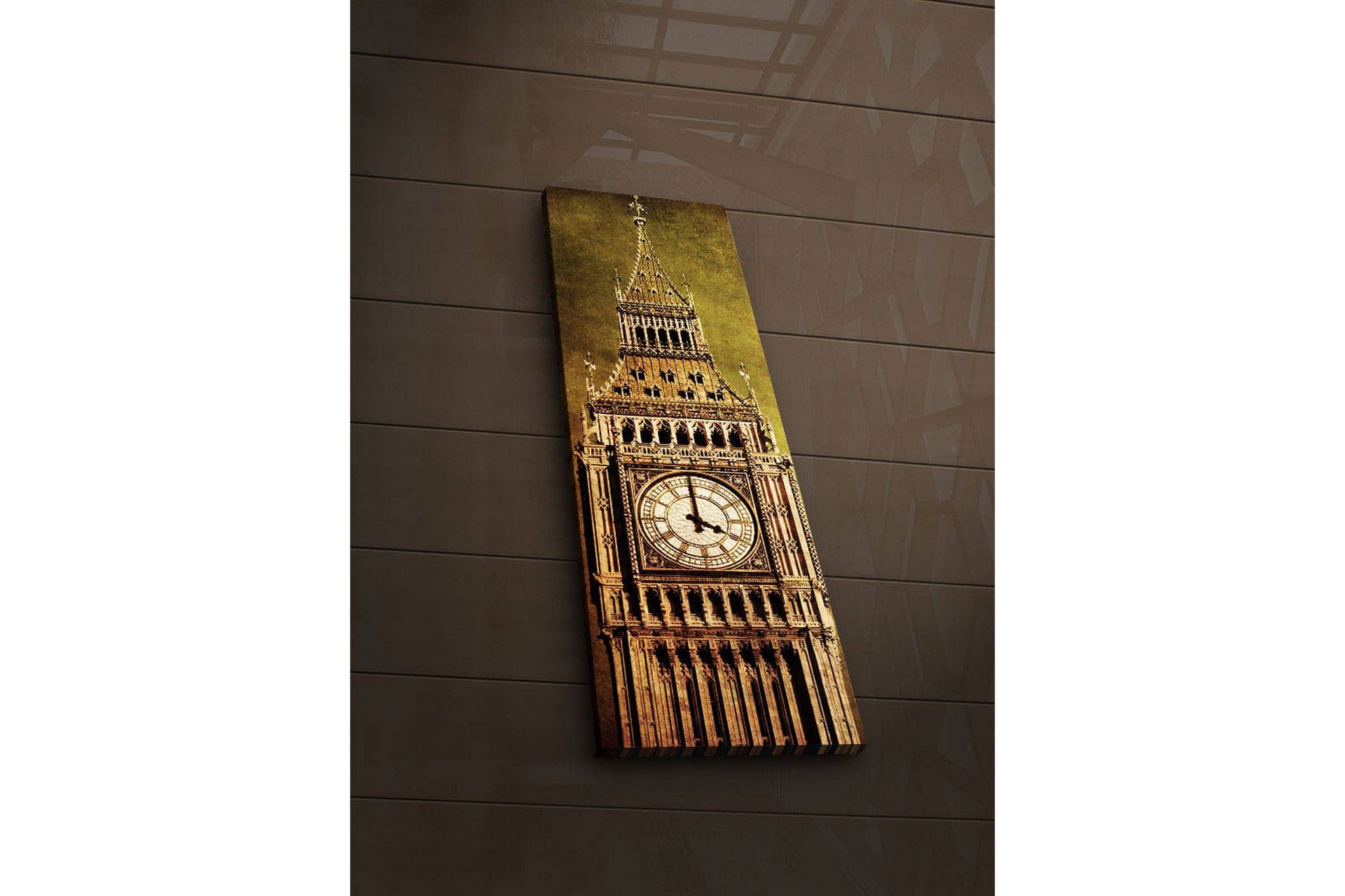 Canvastavla med LED-belysning 90x30 cm - Storslagen klocktorn med detaljerad arkitektur - Guld / Brun / Beige