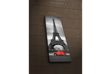Canvastavla med LED-belysning 90x30 cm - Svartvit bild av Eiffeltornet med en röd bil i förgrunden - Röd / Svart / Grå - Inredning - Tavlor & posters - Canvastavla