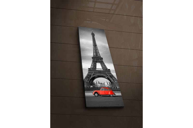 Canvastavla med LED-belysning 90x30 cm - Svartvit bild av Eiffeltornet med en röd bil i förgrunden, Röd / Svart / Grå