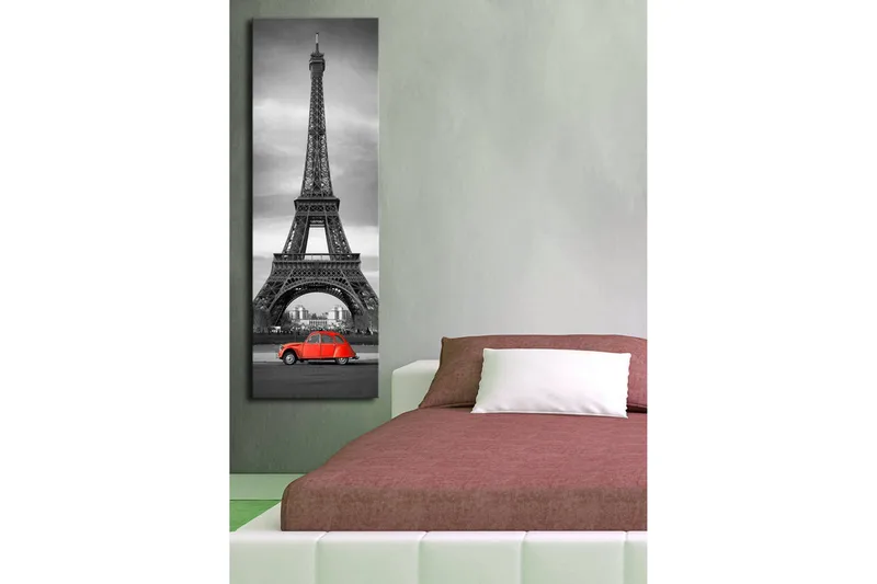 Canvastavla med LED-belysning 90x30 cm - Svartvit bild av Eiffeltornet med en röd bil i förgrunden - Röd / Svart / Grå - Inredning - Tavlor & posters - Canvastavla