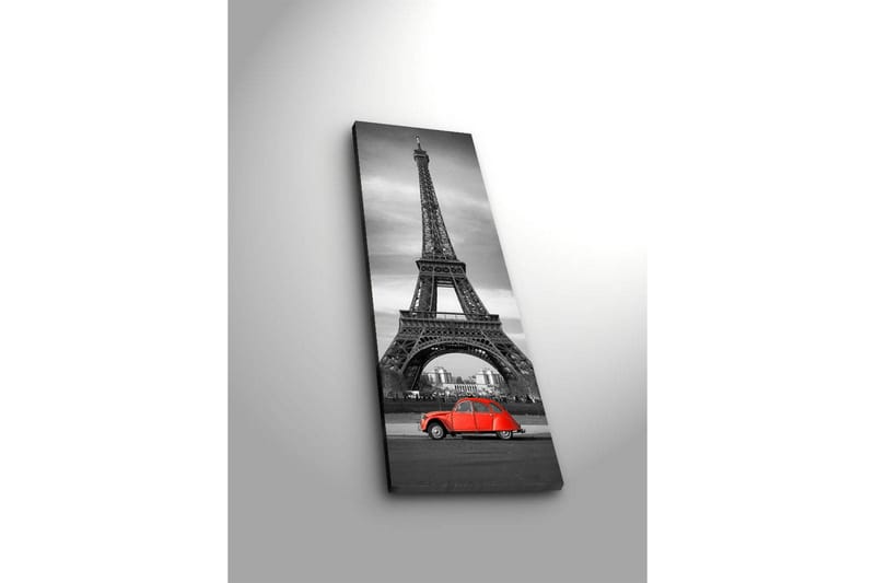 Canvastavla med LED-belysning 90x30 cm - Svartvit bild av Eiffeltornet med en röd bil i förgrunden - Röd / Svart / Grå - Inredning - Tavlor & posters - Canvastavla