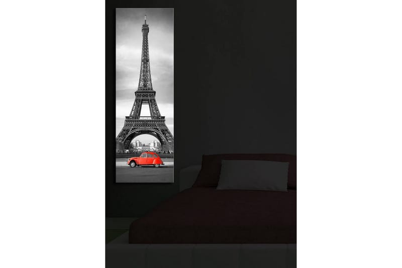 Canvastavla med LED-belysning 90x30 cm - Svartvit bild av Eiffeltornet med en röd bil i förgrunden - Röd / Svart / Grå - Inredning - Tavlor & posters - Canvastavla