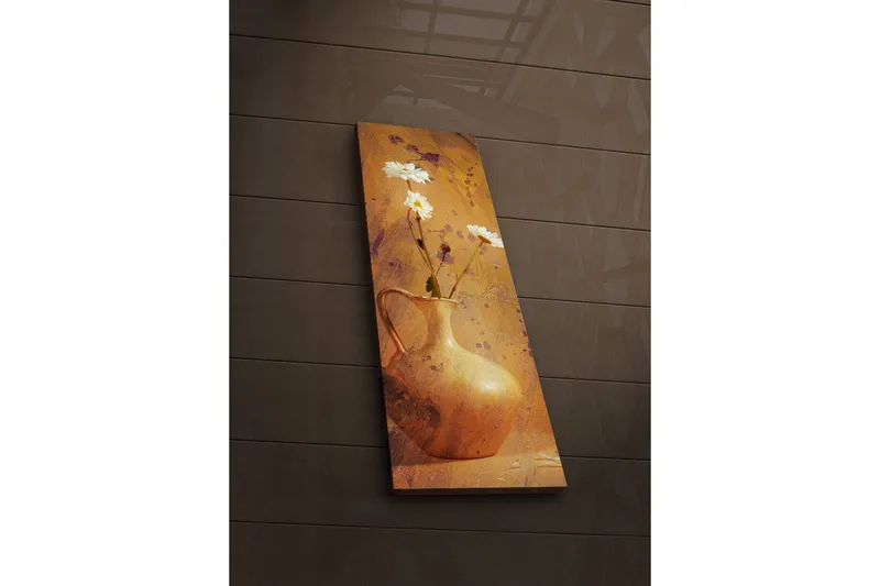 Canvastavla med LED-belysning 90x30 cm - Vacker vas med vita blommor, Guld / Vit / Orange