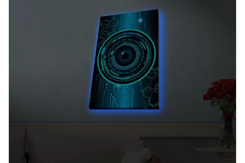 Canvastavla med LED-belysning - Abstrakt komposition med cirkulära mönster och teknologiska inslag, Mörkblå / Turkos / Svart