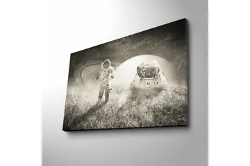 Canvastavla med LED-belysning - Astronaut i en futuristisk landskap med en rymdfarkost - Svart / Vitt / Grått - Inredning - Tavlor & posters - Canvastavla