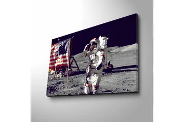 Canvastavla med LED-belysning - Astronaut som hälsar på månytan med den amerikanska flaggan i bakgrunden - Grå / Vit / Röd - Inredning - Tavlor & posters - Canvastavla