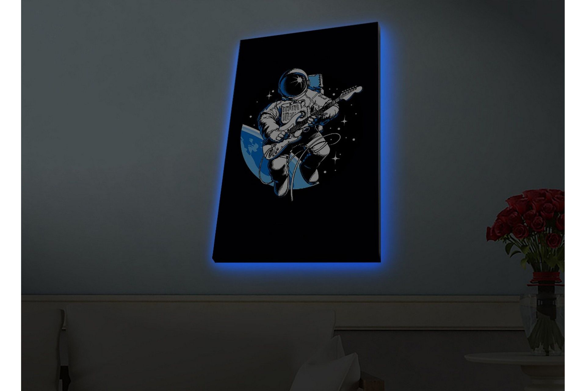 Canvastavla med LED-belysning - Astronaut som spelar gitarr i rymden - Svart / Blå / Vit