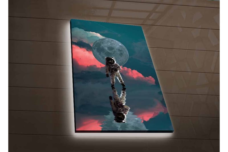 Canvastavla med LED-belysning - Astronaut som svävar i en drömlik rymdmiljö med en stor måne i bakgrunden - Mörkblå / Rosa / Grå - Inredning - Tavlor & posters - Canvastavla